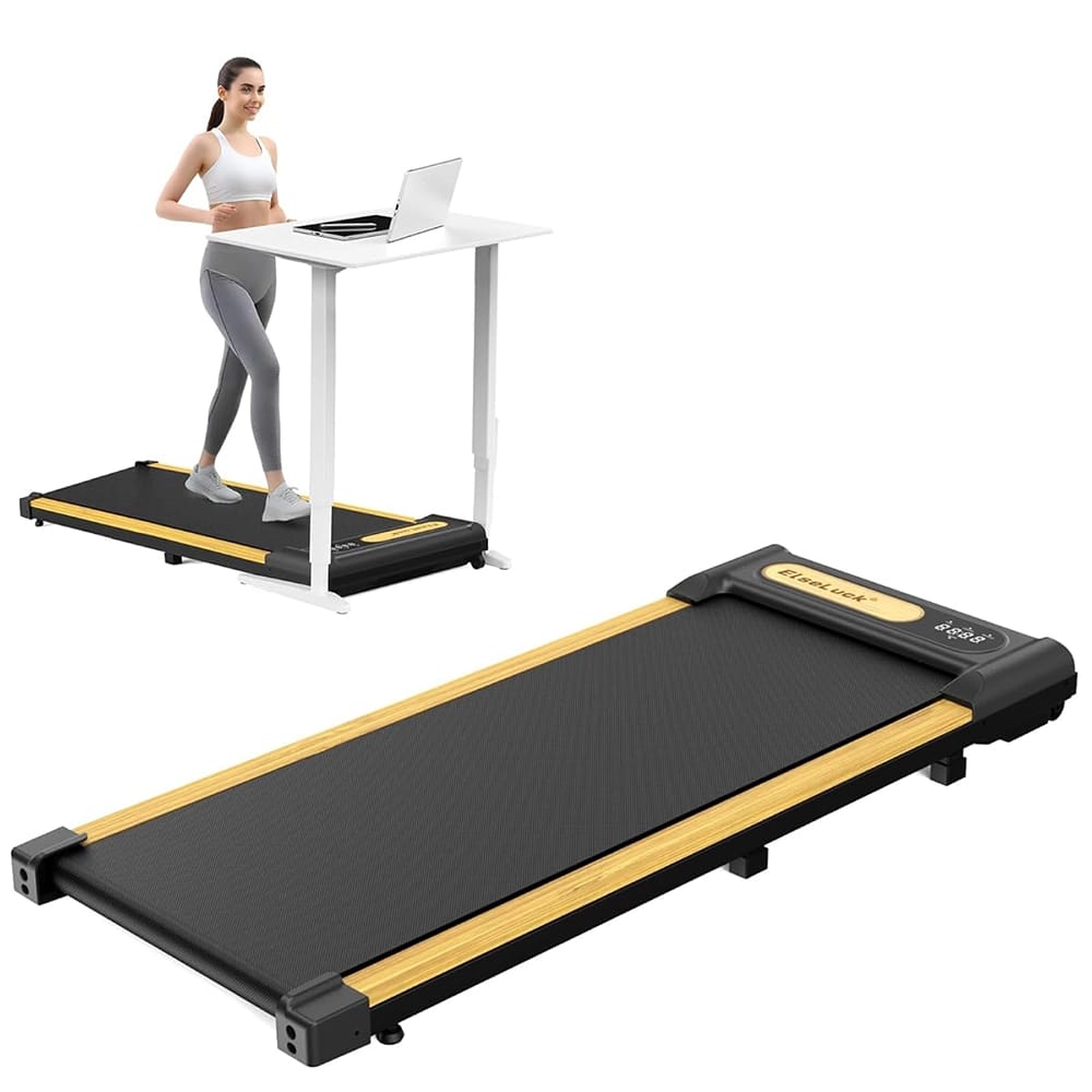ElseLuck Walking Pad Treadmill, Black/Wooden Yellow