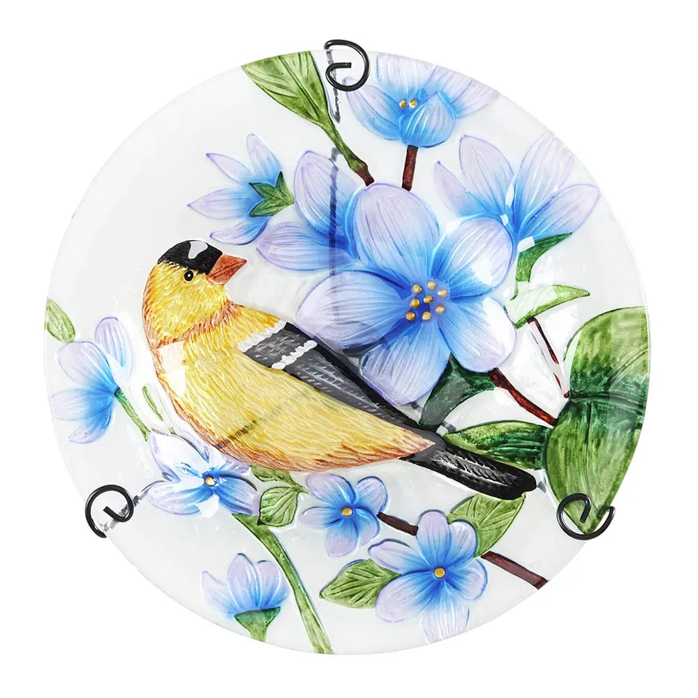 Glass Gold Finch & Flowers Bird Bath, 12"