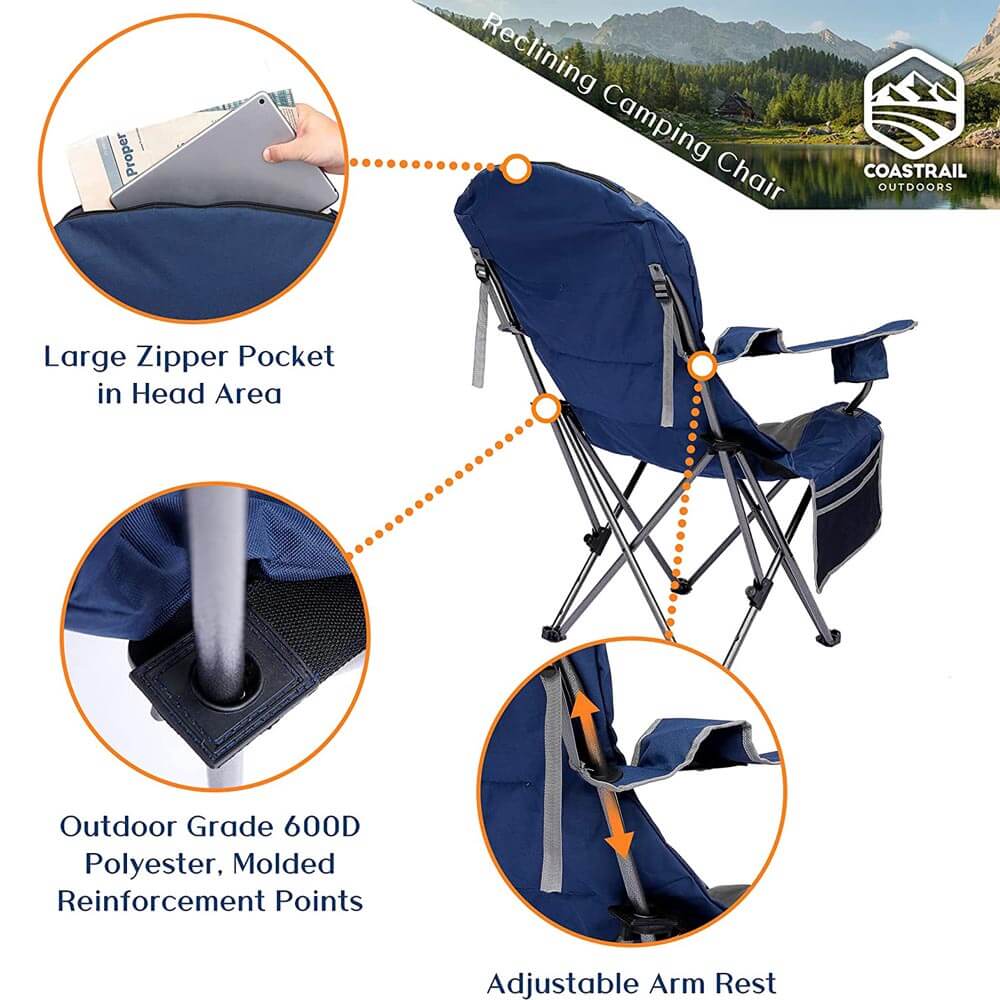 Coastrail Outdoor 3-Position Reclining Camp Chair with Cup Holders, Blue/Gray