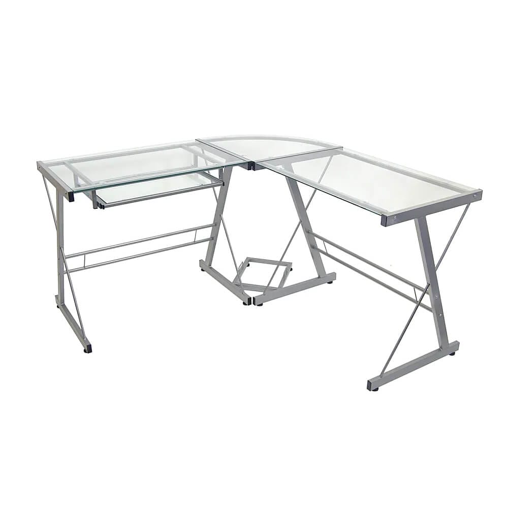 Walker Edison L-Shaped Modern Glass Corner Computer Desk, Silver