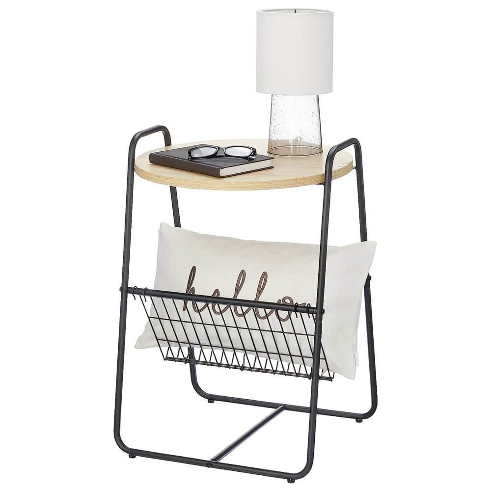 mDesign Industrial Round Side Table with Wire Storage Basket, Black/Natural
