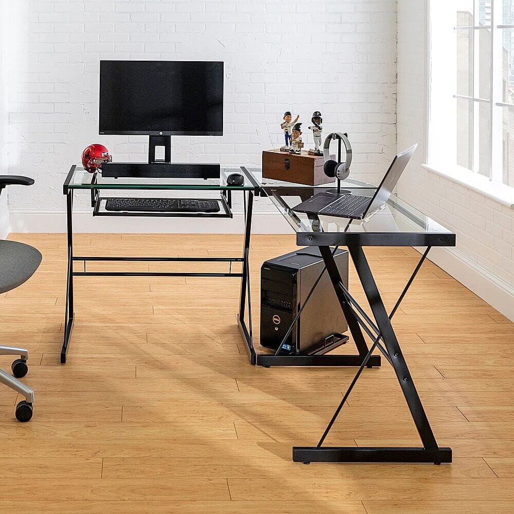 Walker Edison L-Shaped Modern Glass Corner Computer Desk, Black/Clear