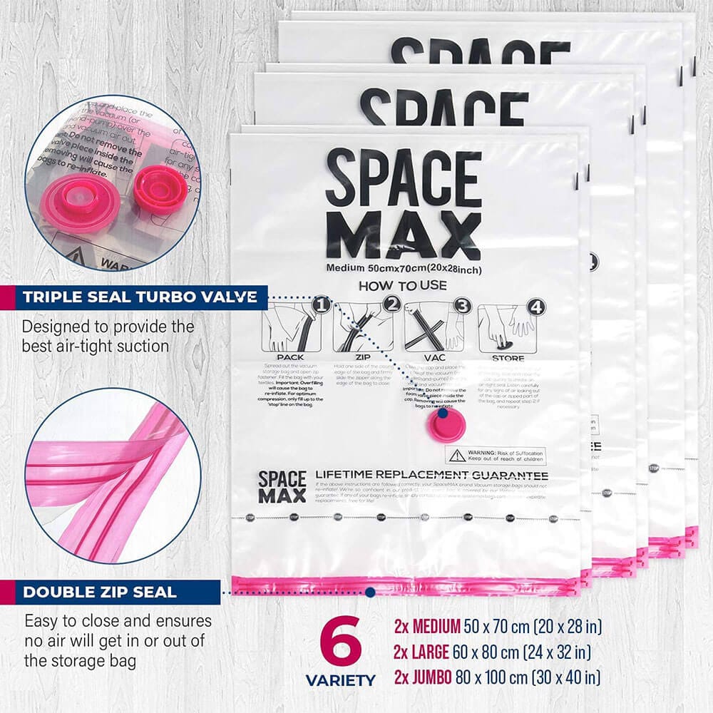 SPACE MAX Premium Space Saver Vacuum Storage Bags, Variety Size, 6-Pack