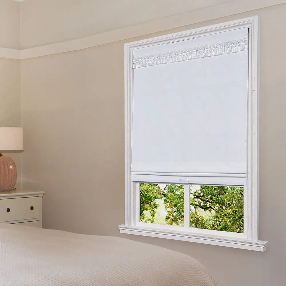 Cordless Fabric Flat Roman Shade with Tassel Trim Valance, White, 23" x 64"
