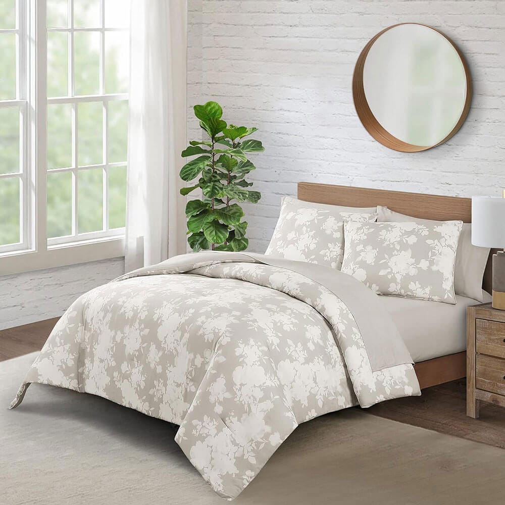 WellBeing by Sunham Luxurious Blend 3-Piece Floral Printed Comforter Set, King, Birch