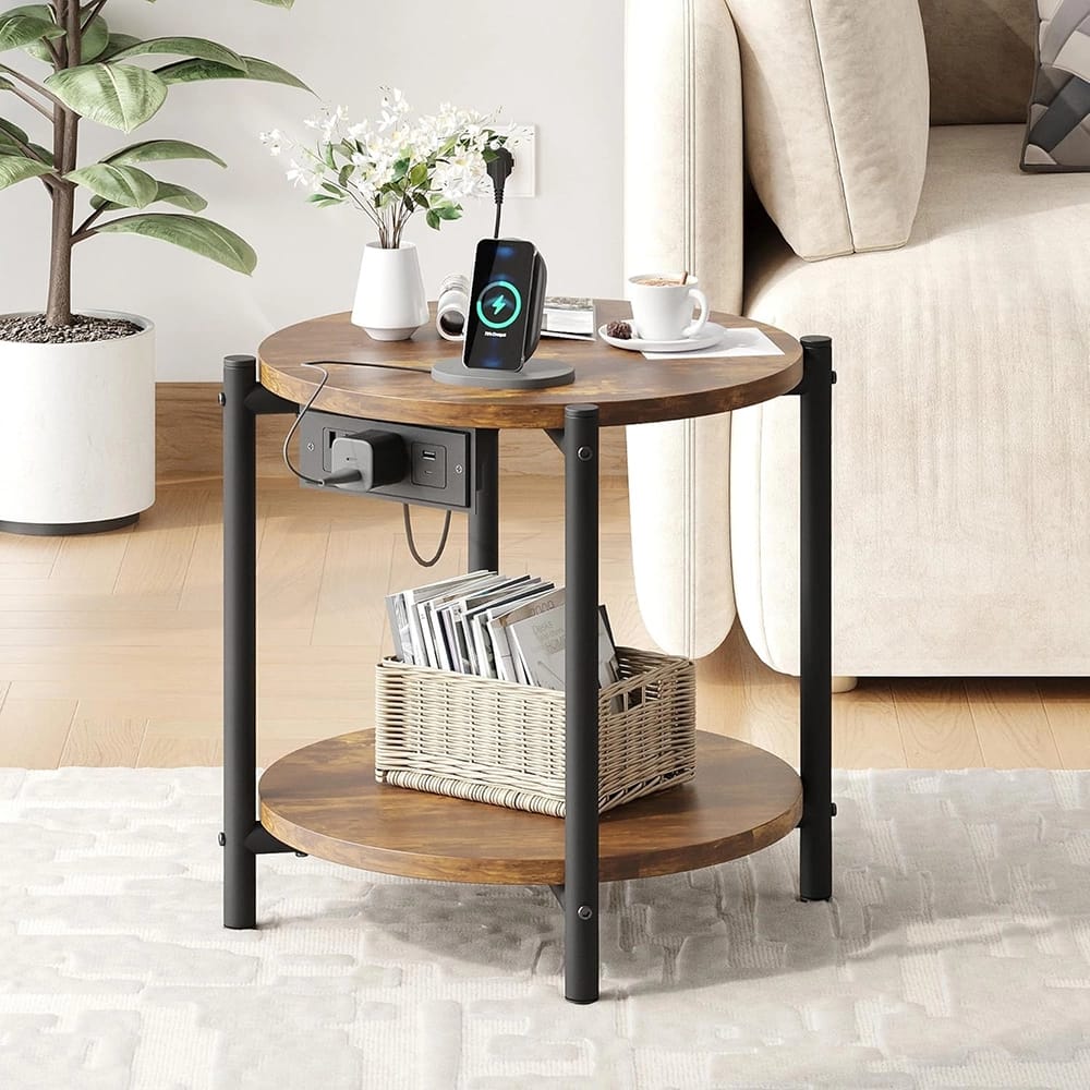 LIKIMIO 15.8" Double-Tiered Round End Tables with Charging Station, Brown