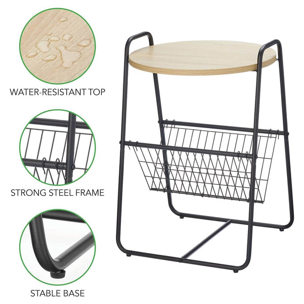 mDesign Industrial Round Side Table with Wire Storage Basket, Black/Natural
