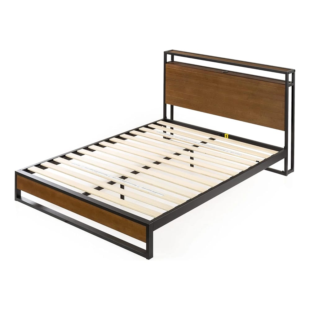 Zinus Suzanne Platform Bed with Headboard Shelf, King, Brown/Black