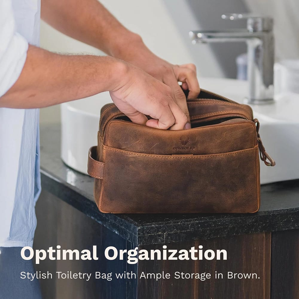 DONBOLSO Leather Toiletry Bag, Brown