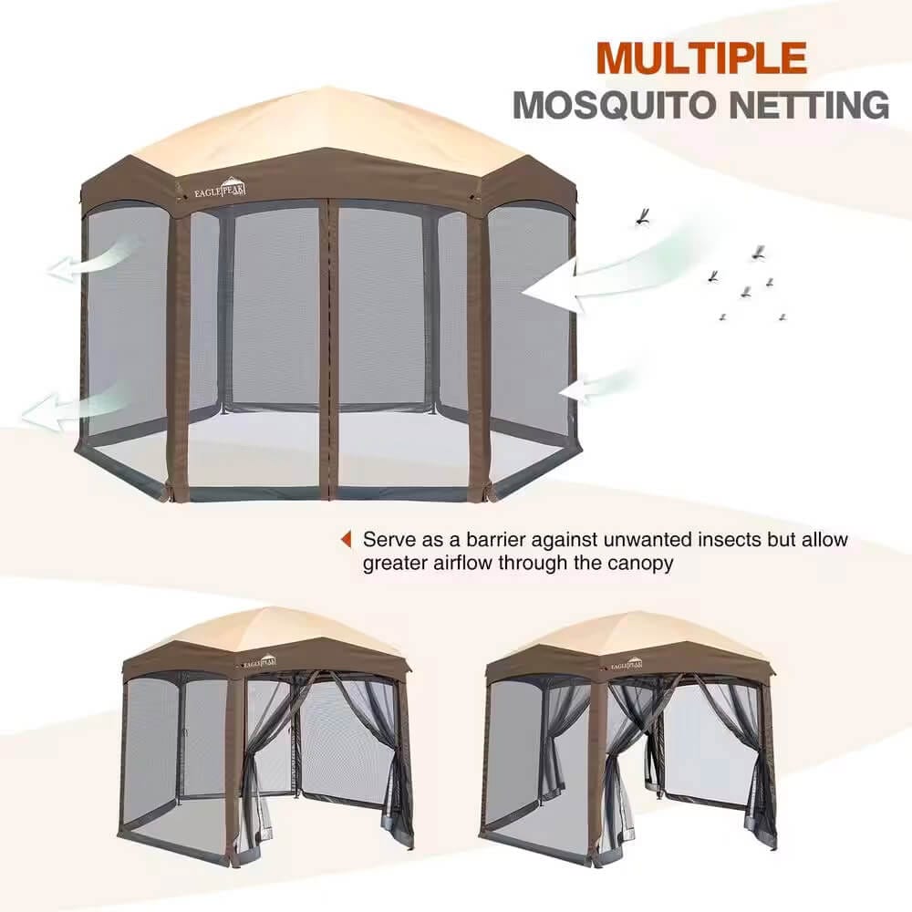 Hexagonal Pop-Up Gazebo with Mosquito Netting, Dark Brown