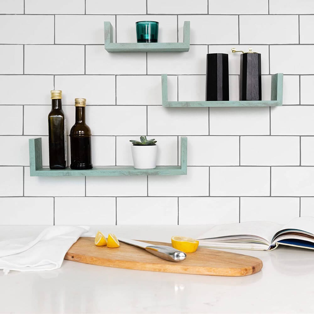 Greenco Floating "U" Wall-Mounted Shelves, Set of 3, Rustic Turquoise