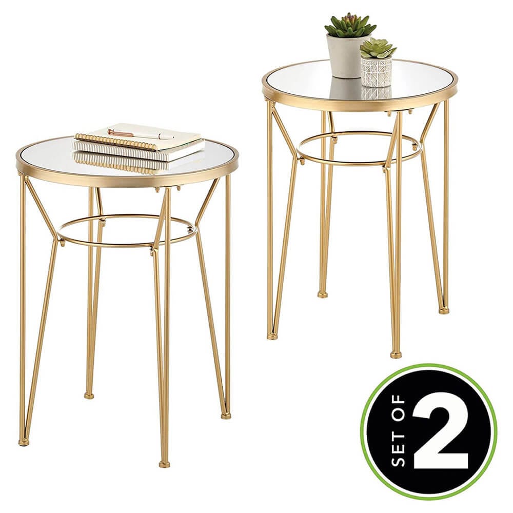 mDesign Round Metal Accent Table with Hairpin Legs, Set of 2, Soft Brass/Mirror