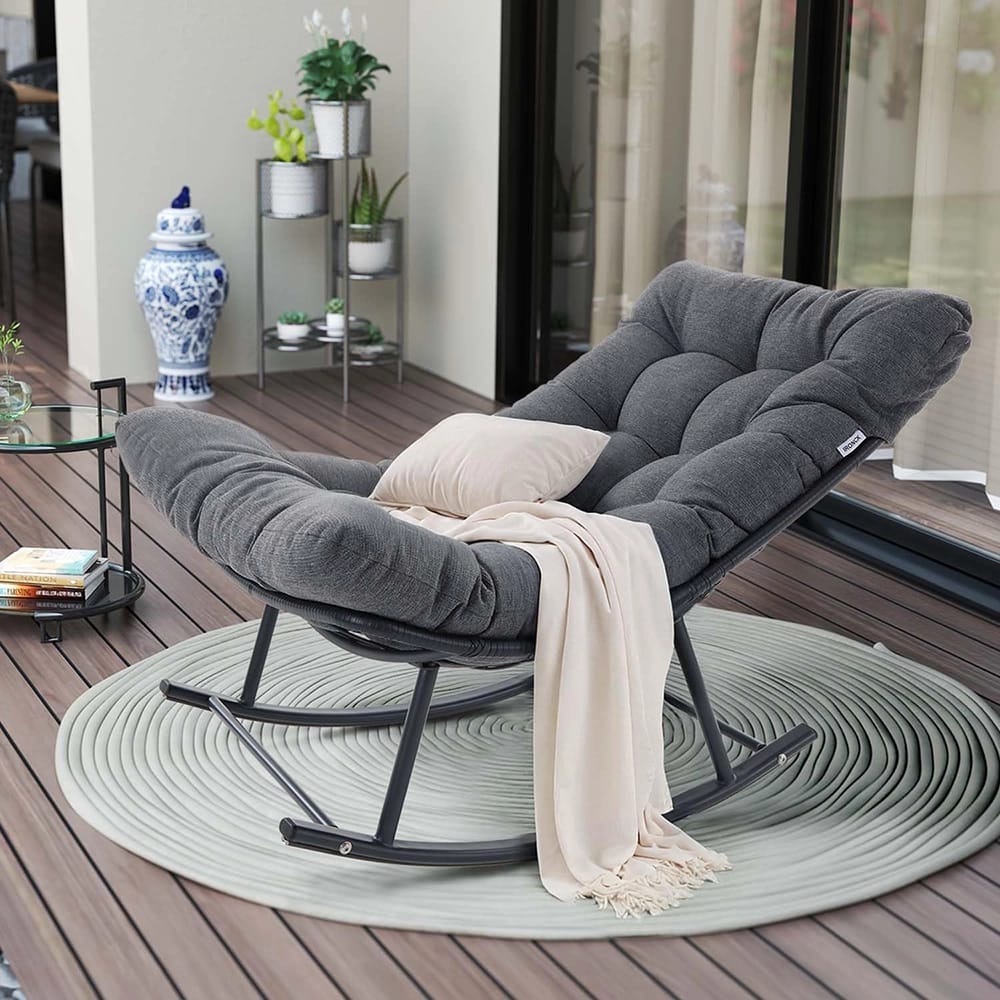 IRONCK Indoor/Outdoor Rocking Chair with Cushion, Black/Gray