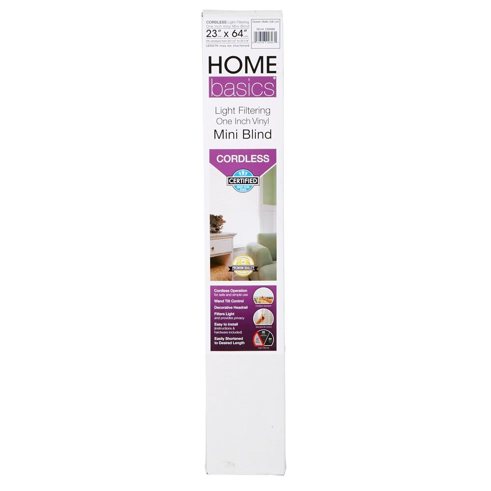 Home Basics Cordless Light Filtering Vinyl Mini Blinds, White, 23" x 64"