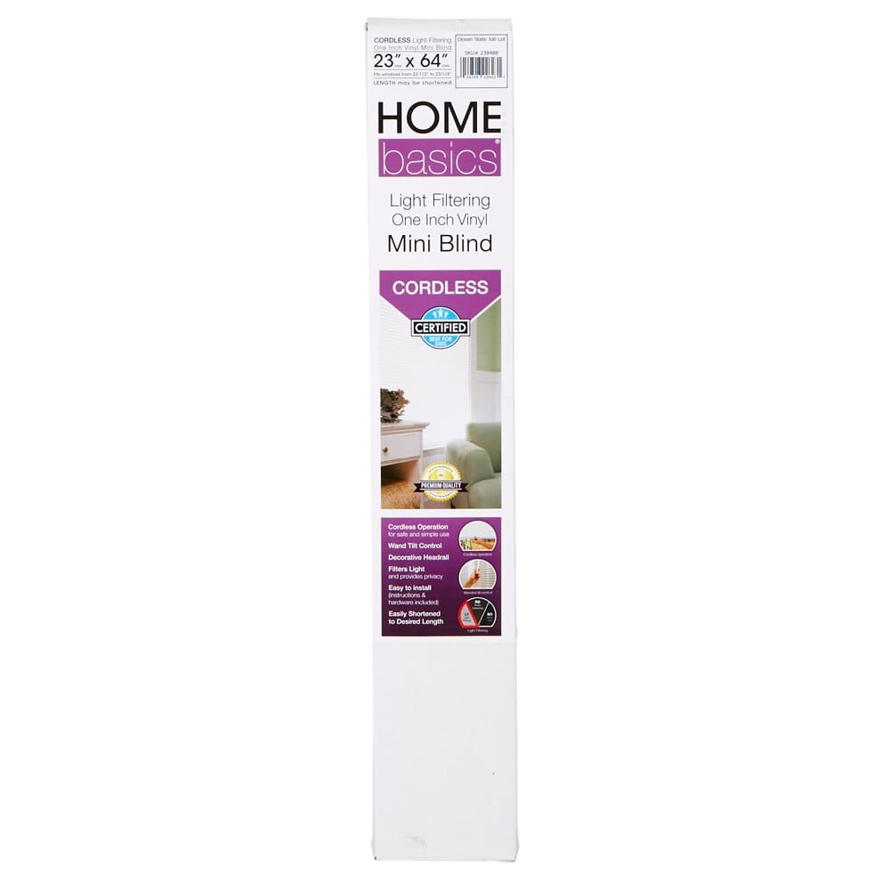 Home Basics Cordless Light Filtering Vinyl Mini Blinds, White, 23" x 64"