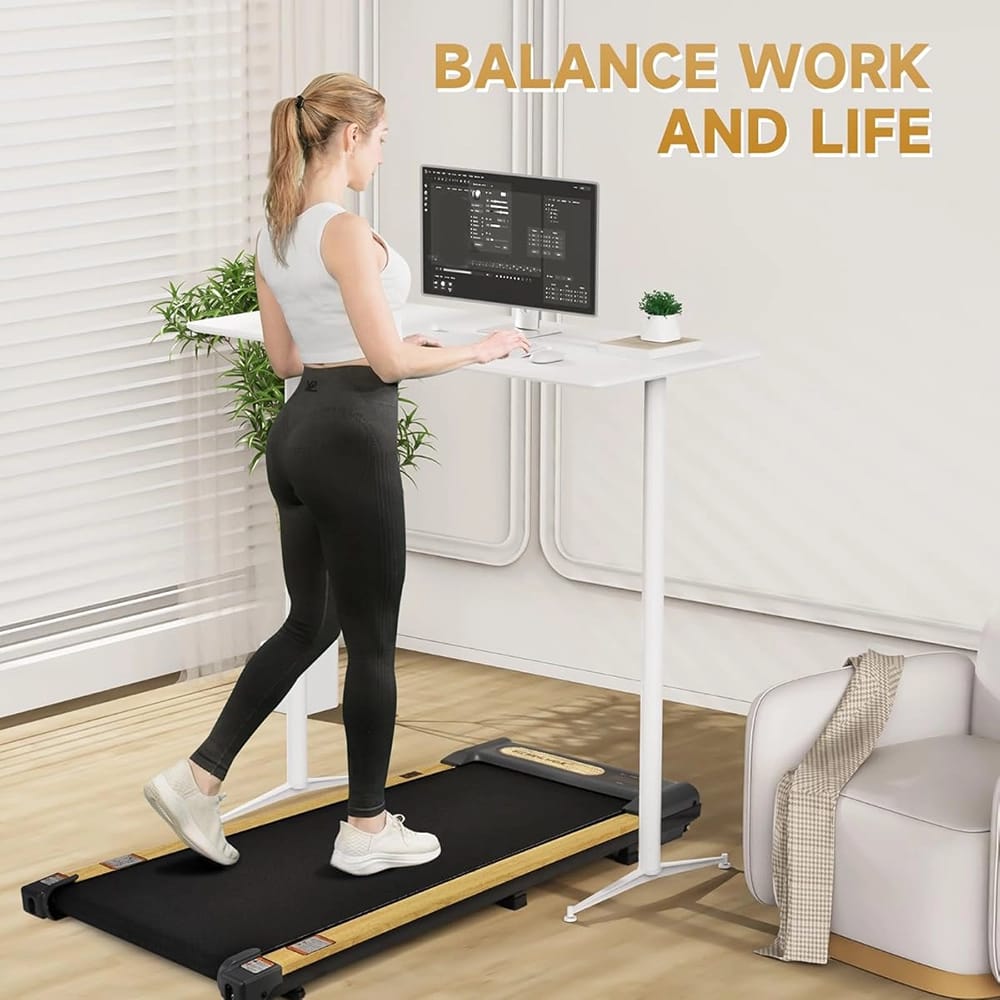 ElseLuck Walking Pad Treadmill, Black/Wooden Yellow