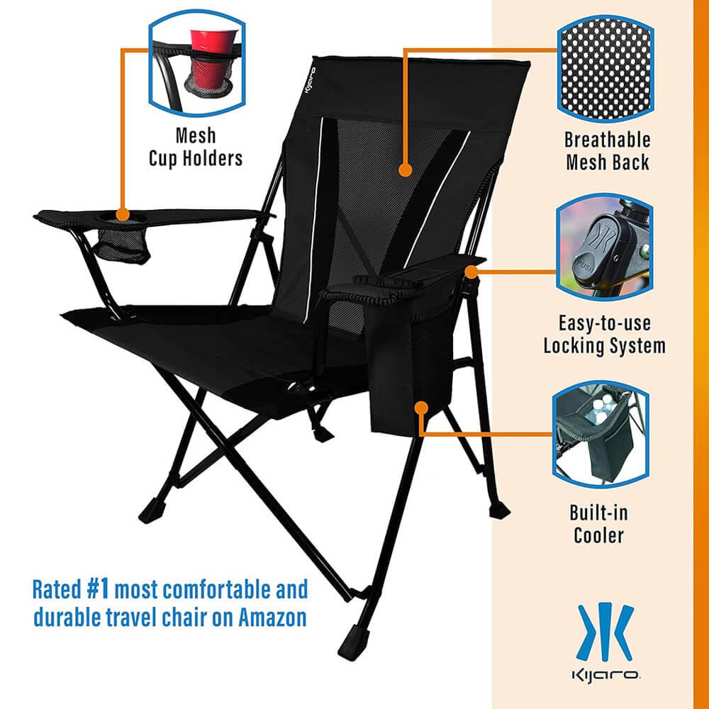 Kijaro XXL Dual Lock Portable Camping Chair with Built-In Cooler, Vik Black