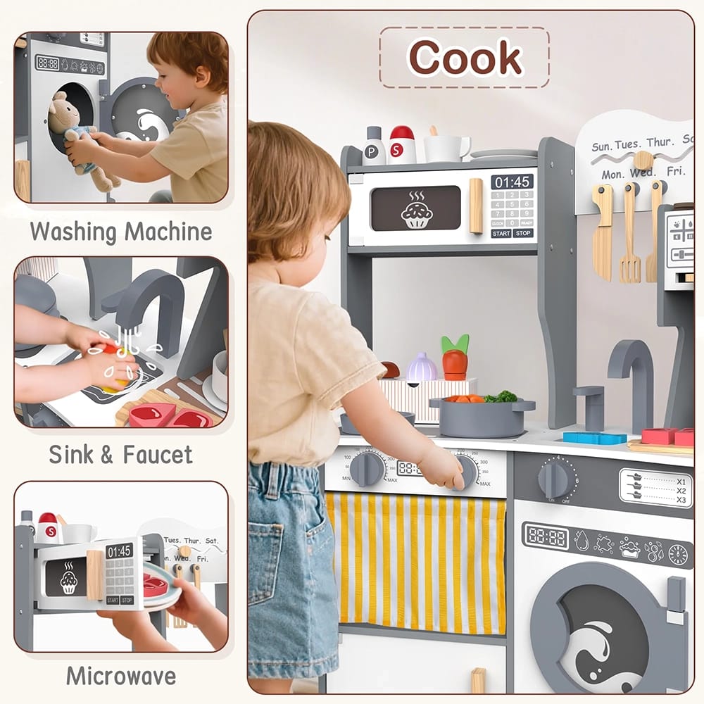 Large Wooden Kids Play Kitchen, Gray