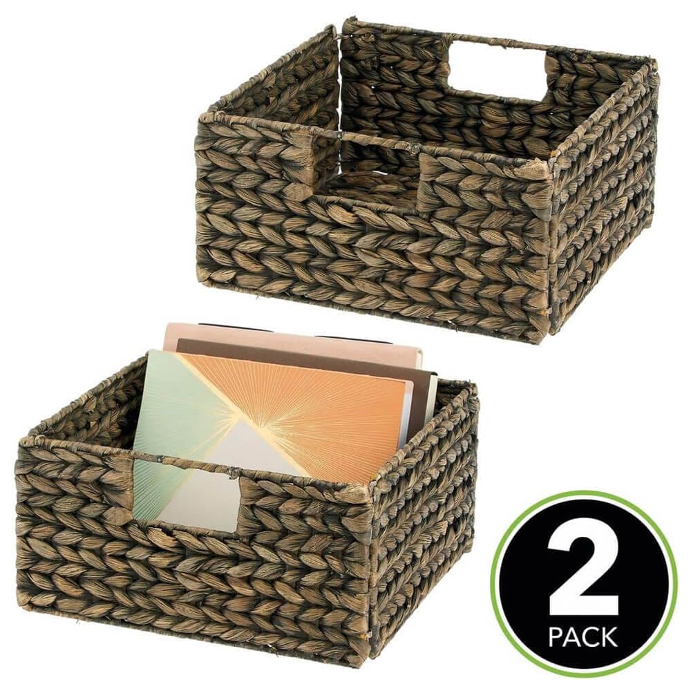 mDesign Woven Hyacinth Storage Basket Organizer with Handles, Set of 2, Black Wash