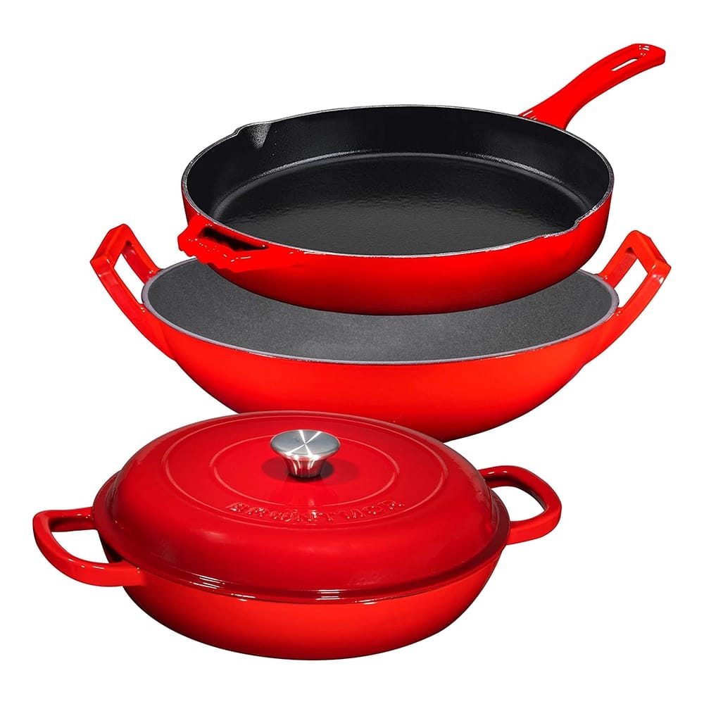 Bruntmor 3-Piece Cast Iron Enameled Cookware Set, Red