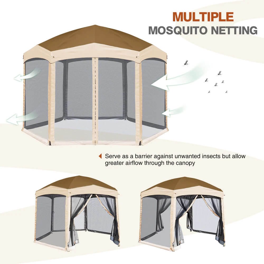 Hexagonal Pop-Up Gazebo with Mosquito Netting, Light Brown