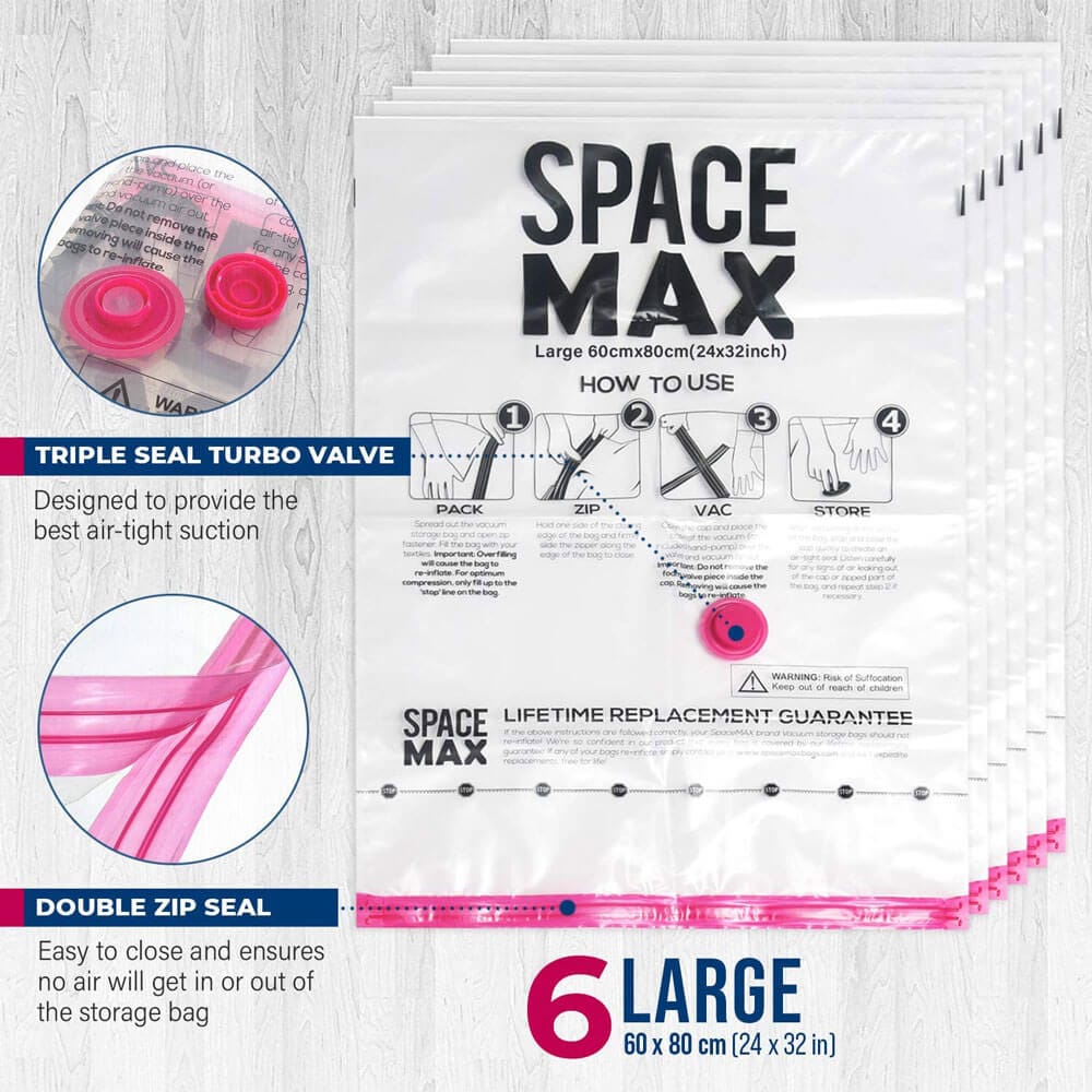 SPACE MAX Premium Space Saver Vacuum Storage Bags, Large Size, 6-Pack