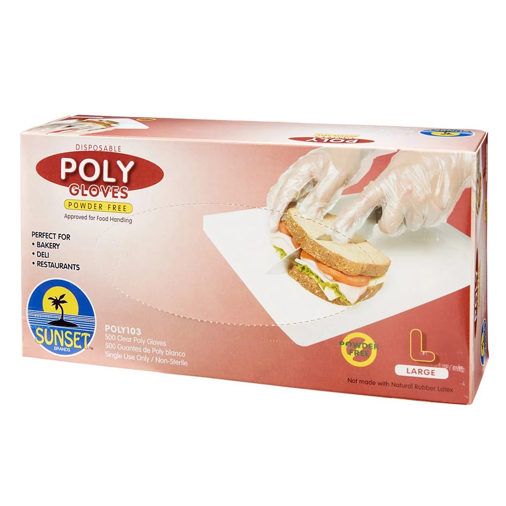 Sunset Brands Disposable Poly Food Service L Gloves, 500 ct, 10-Pack