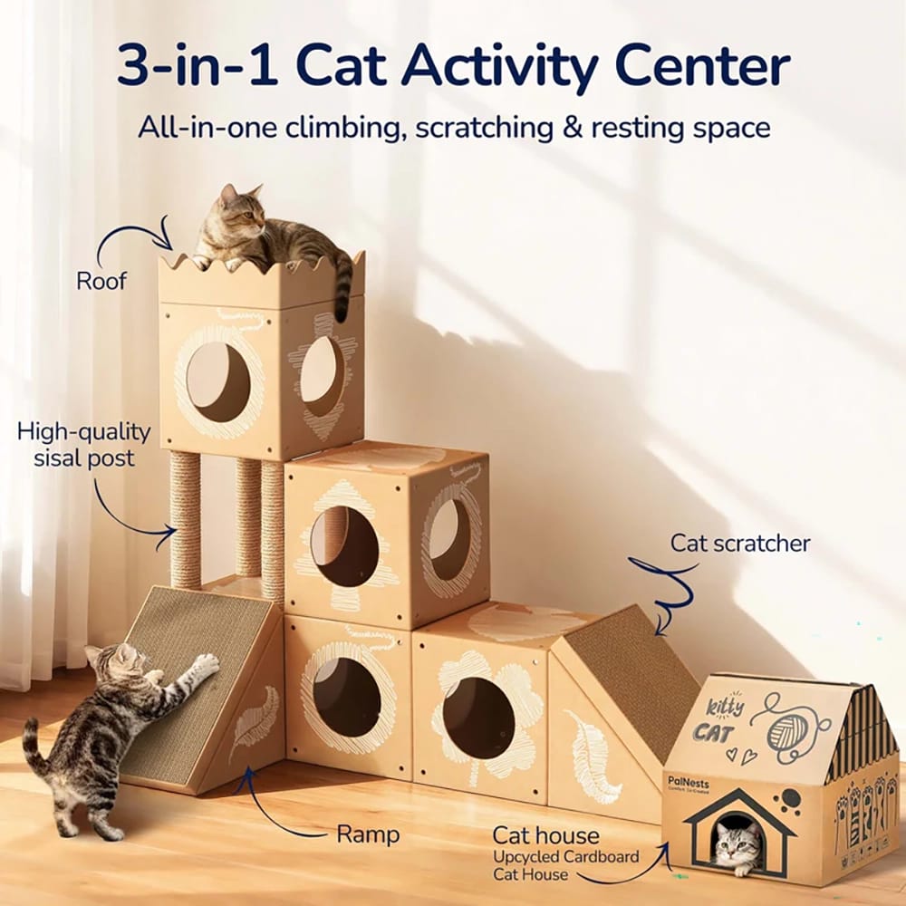 PalNests Small 3-in-1 Modular Cardboard Cat Tree & Scratcher House, Nature
