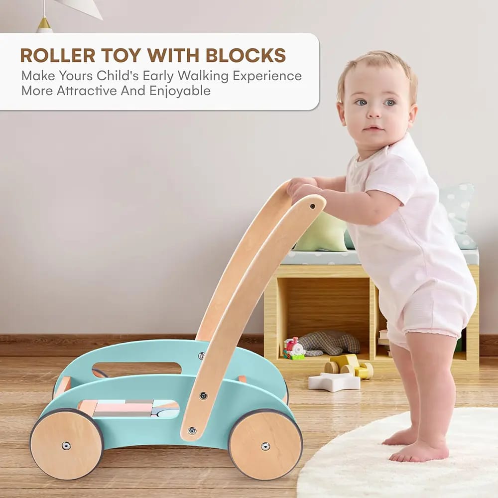 Childlike Behavior Wooden Baby Push Walker with Wheels, Green