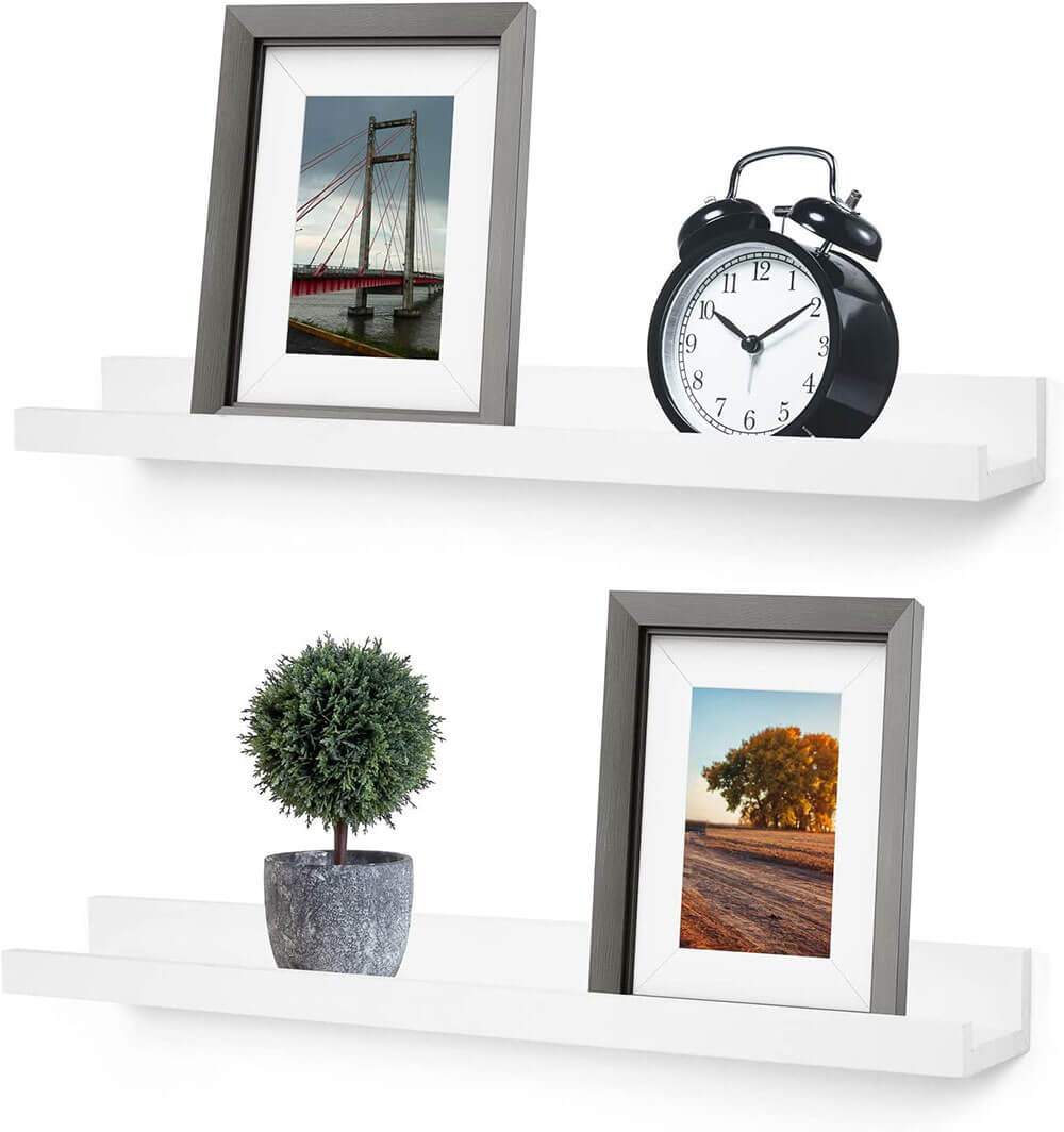 Greenco Vista Photo Ledge Floating Wall Shelves, Set of 2, White