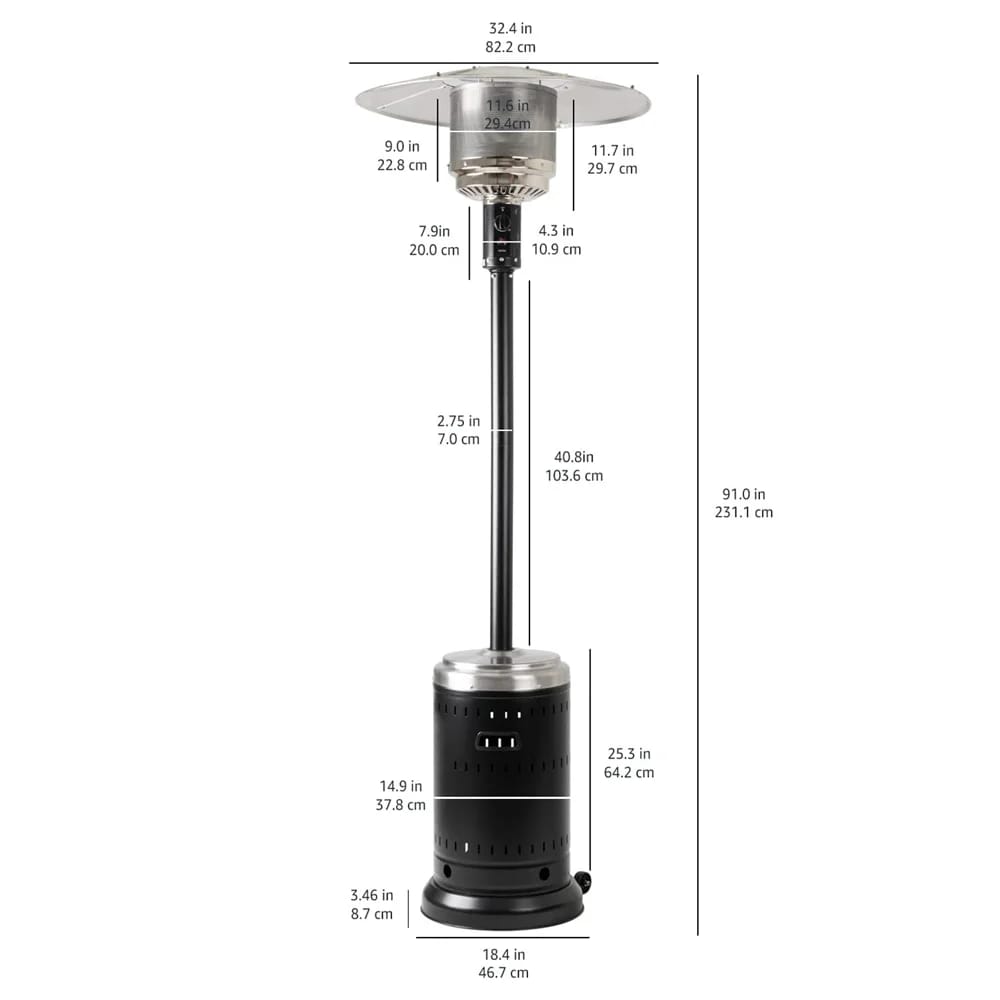 46,000 BTU Outdoor Propane Patio Heater with Wheels, Stainless Steel and Hammered Black