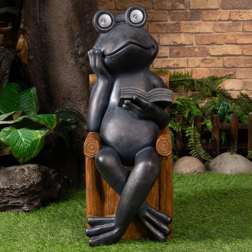 34" Reading Frog Solar Garden Statue