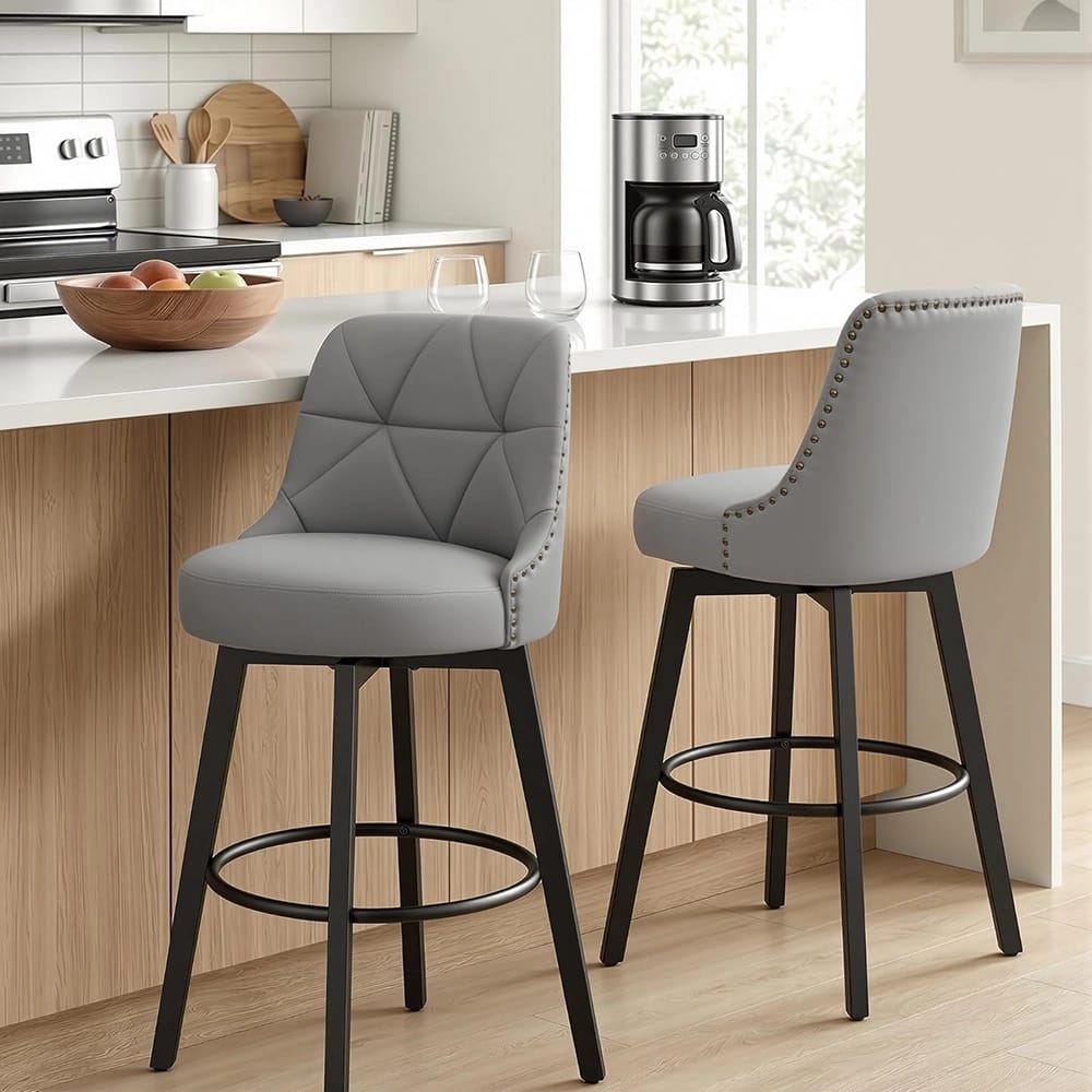Polarisys 26" Faux Leather Swivel Bar Stool, Gray, Set of 2