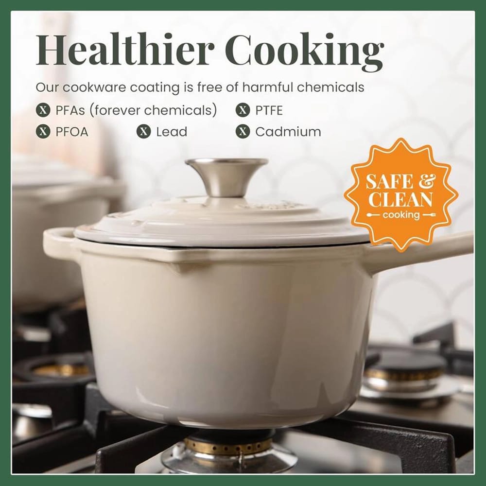 Larder & Vine 2.2 Qt Enameled Cast Iron Saucepan with Lid, Stone