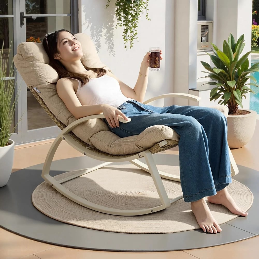 IRONCK Patio Rocking Chair with Cushion, Beige