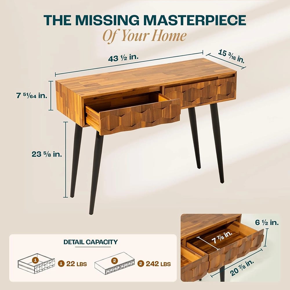 Bme Modern Mid-Century 2-Drawer Console, Teak Brown