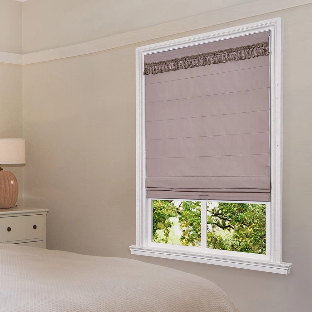 Cordless Fabric Flat Roman Shade with Tassel Trim Valance, Sullivan Khaki, 35" x 64"
