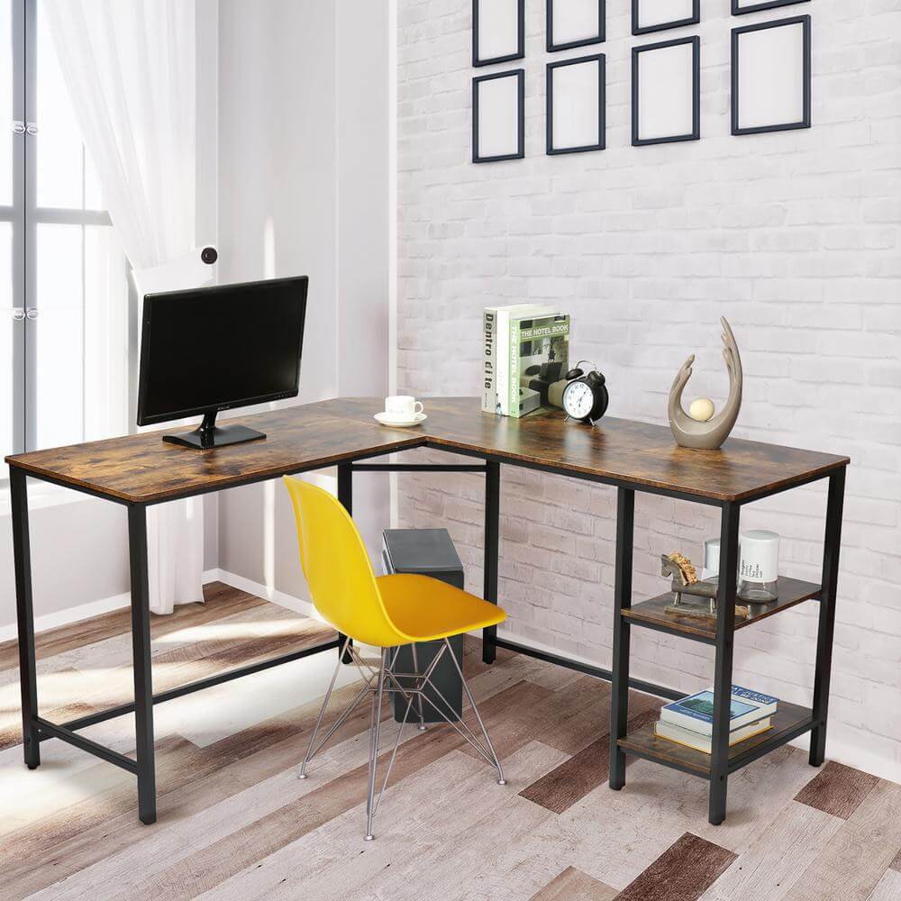 55" Industrial L-Shaped Computer Desk, Rustic Brown