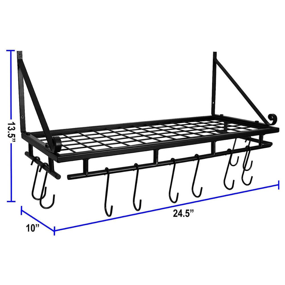 Greenco Wall-Mounted Pot & Pan Organizer Shelf with 10 Hooks, Black