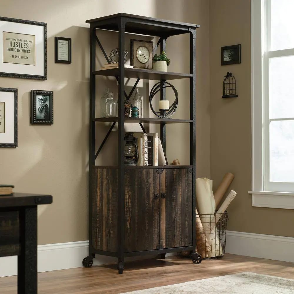 Sauder Bookcase Cart with Doors, Carbon Oak Finish