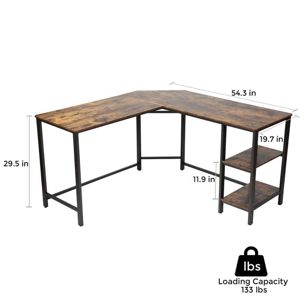 55" Industrial L-Shaped Computer Desk, Rustic Brown