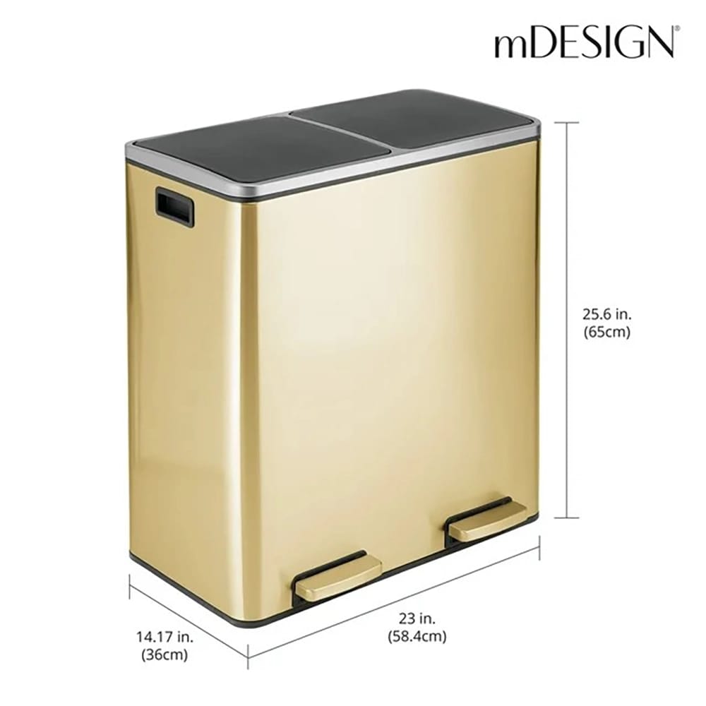 mDesign Metal Dual Compartment Step Trash Can, Soft Brass