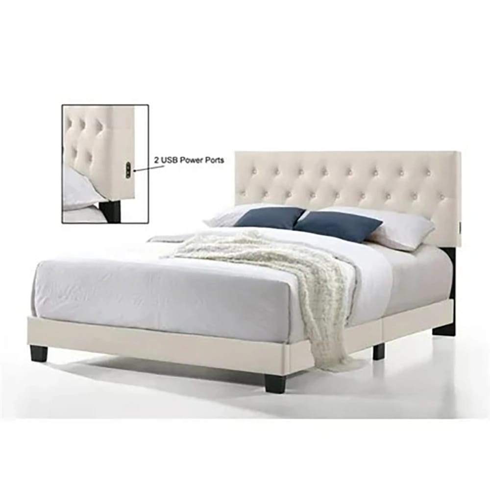Belle Isle Furniture Royale Velvet Upholstered Bed with USB Charging Ports, Twin, Beige