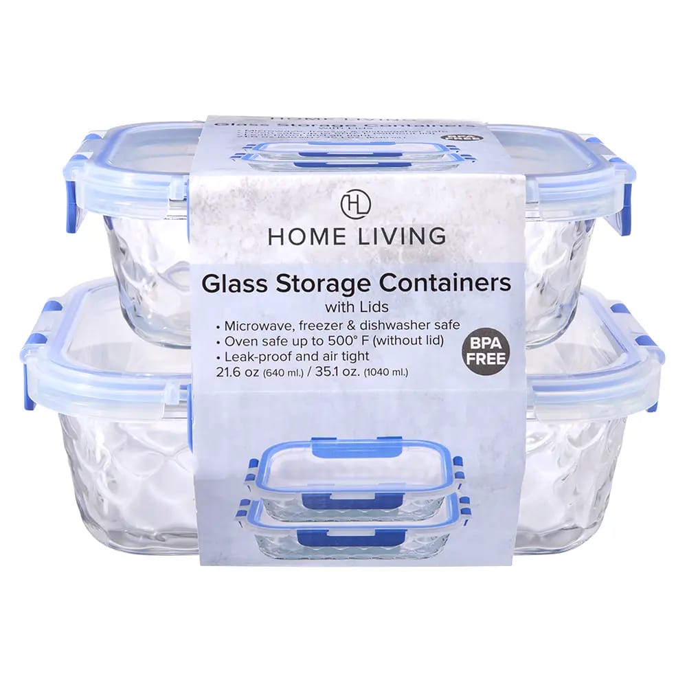 Home Living Glass Storage Containers With Lid, 2pk, 21.6 oz./35.1 oz.
