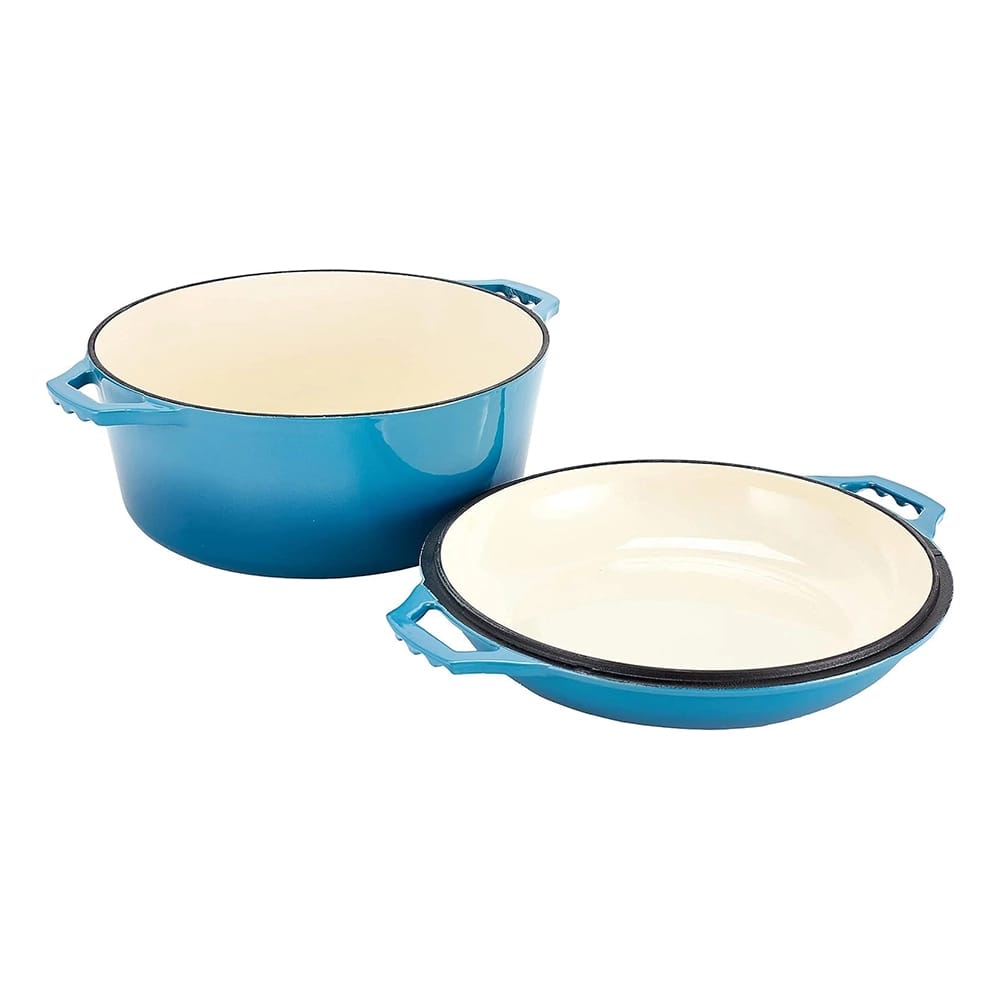 Bruntmor 7 Quart 2-in-1 Enamel Cast Iron Dutch Oven With Handles, Blue