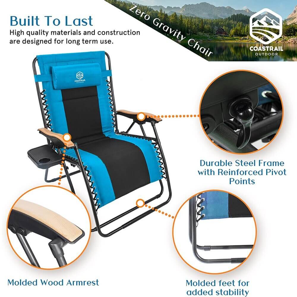 Coastrail Outdoor Zero Gravity Chair with Premium Wood-Like Armrests & Side Table with Cup Holder, Aqua/Black