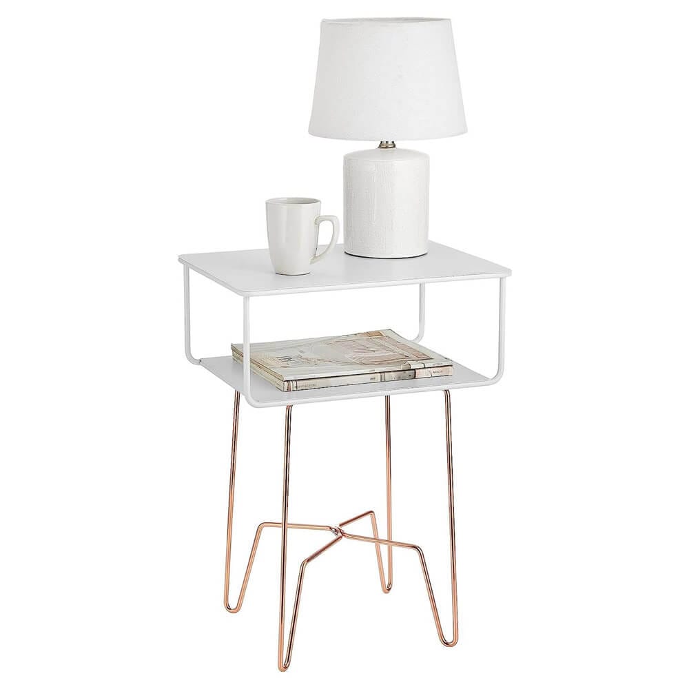 mDesign Modern Industrial Side Table with Storage Shelf, Matte White/Rose Gold