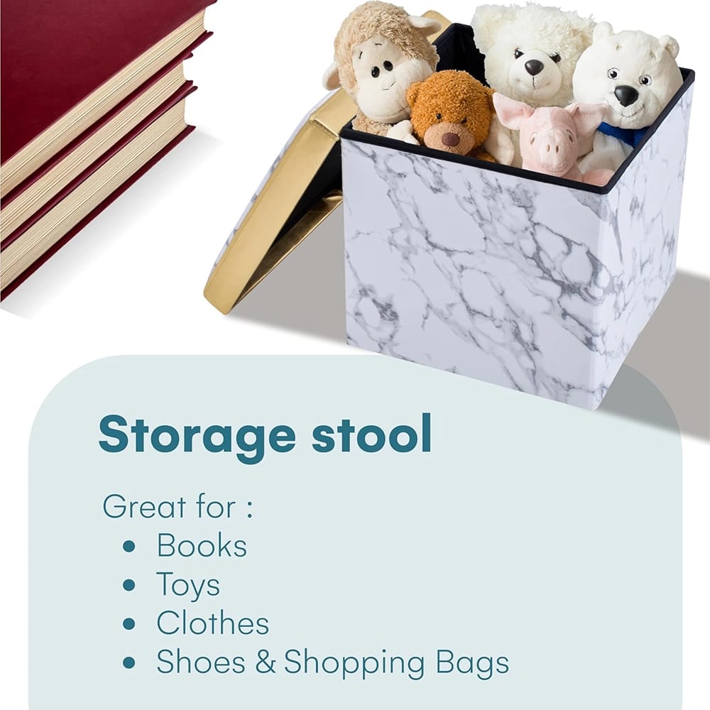 Storage Cube Stool, White Marble/ Gold