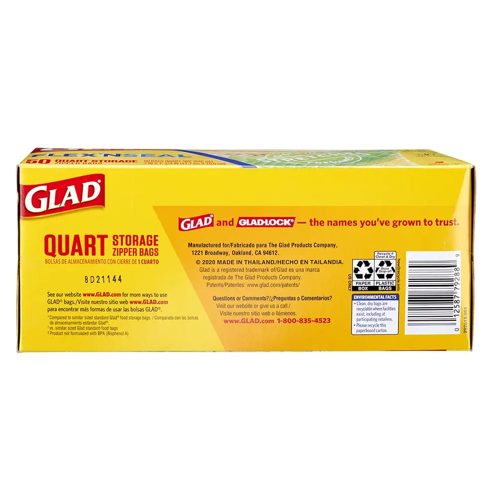 Glad Flex'N Seal Storage Quart Zipper Bags, 50 Count