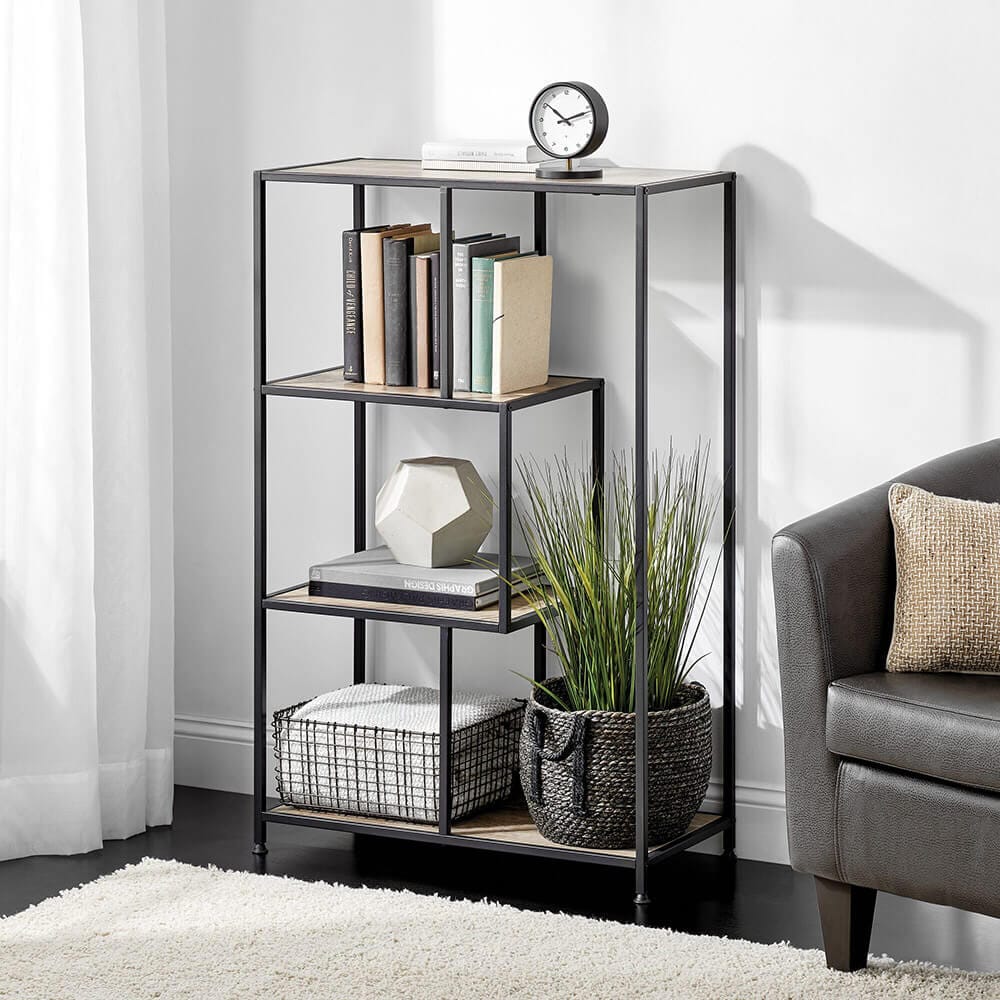 mDesign Mid-Century 4-Tier Storage Bookshelf, Black/Gray Wash